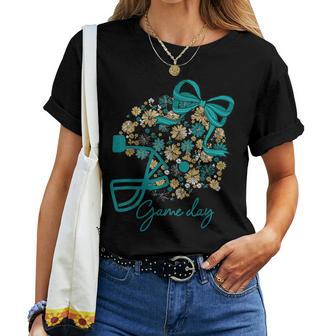 Floral Football Game Day Girly Team Spirit Black Teal & Gold Women T-shirt - Thegiftio UK
