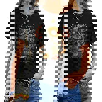 Floral Gothic Sunflower Skull On Sunflowers Women T-shirt | Mazezy