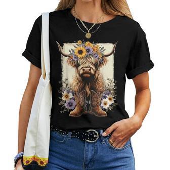 Floral Highland Cow Cowboy Boots Western Country Women T-shirt - Thegiftio UK