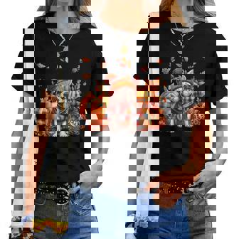 French Bulldog Thanksgiving Leopard Pumpkins Fall Leaves Women T-shirt | Mazezy