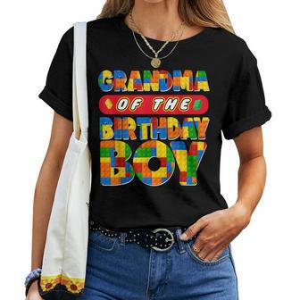 Grandma Birthday Boy Building Bricks Family Party Decor Women T-shirt | Mazezy