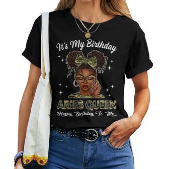 It's My Birthday Aries Queen Camo Bow Afro Black Girl Women T-shirt - Thegiftio