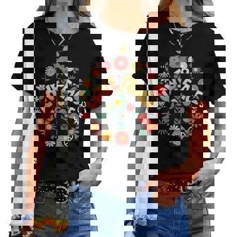 Love Peace Flower Power レトロ ヒッピー フローラル ピースマーク レディースTシャツ - Kawaiitshirt