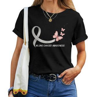 Lung Cancer Awareness Butterfly White Ribbon Support Womens Women T-shirt | Mazezy