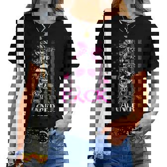 Messy Bun Skull Breast Cancer Awareness Fuck-Cancer Usa Flag Women T-shirt - Thegiftio