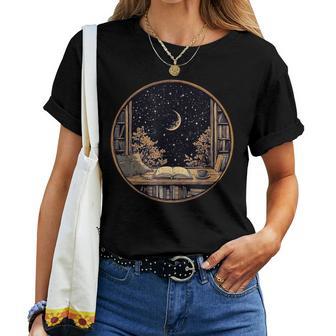 Moon Book Bookshelf Library Coffee Cup Star Stars Pattern Women T-shirt - Thegiftio