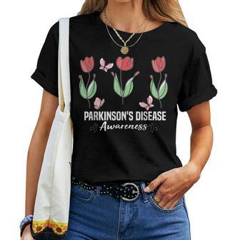 Parkinson's Disease Awareness Month Red Tulips Butterfly Women T-shirt | Mazezy