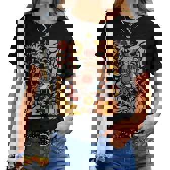 Retro Turkey Pumpkin Boho Flowers Fall Autumn Thanksgiving Women T-shirt | Mazezy