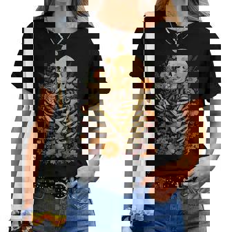 Skeleton Hugging Cat Floral Halloween Cats Lover Women T-shirt - Thegiftio