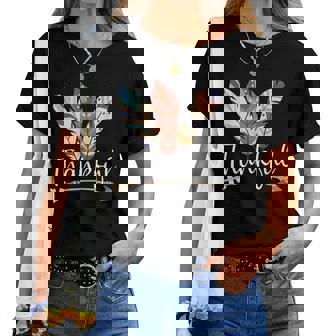 Thankful Colorful Feather Boho Native Americans Thanksgiving Women T-shirt | Mazezy