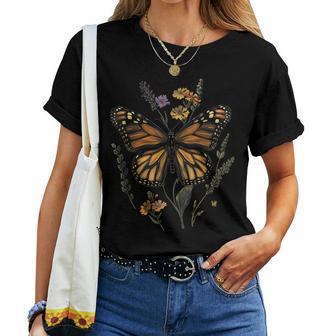 Vintage Monarch Butterfly Verbena Flower Girl Plant Mom Women T-shirt | Mazezy