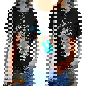 ウクレレギフト 70年代の花のウクレレ奏者 レディースTシャツ - Kawaiitshirt