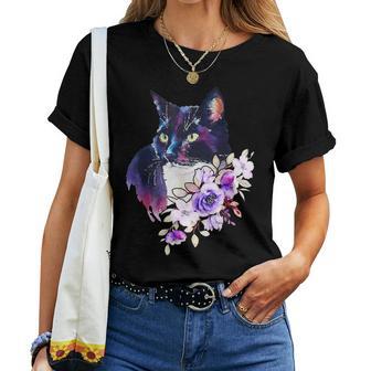 花と猫、水彩画のような表情 レディースTシャツ - Kawaiitshirt