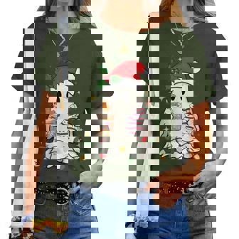 Cute Christmas Ghost Coffee Tree Cake Xmas Lights Boojee Women T-shirt | Mazezy