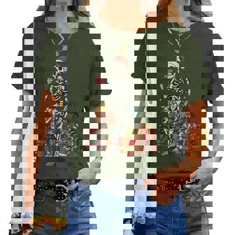 Vintage Skeleton Santa Christmas Coffee Holiday Humor Women T-shirt | Mazezy