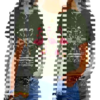 Merry Christmas Flamingo Santa Hat Lights Snow Women T-shirt | Mazezy