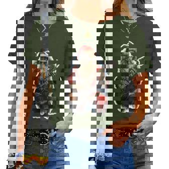 Santa Skeleton Playing Electric Guitar Christmas Women T-shirt | Mazezy