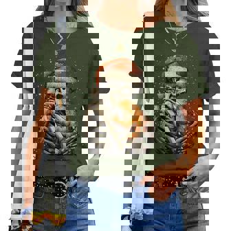 Skeleton Hugging Toad Santa Hat Snow Gothic Christmas Animal Women T-shirt | Mazezy