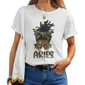 Aries Girl Woman Loc'd Messy Bun Camo Black Women Women T-shirt | Mazezy