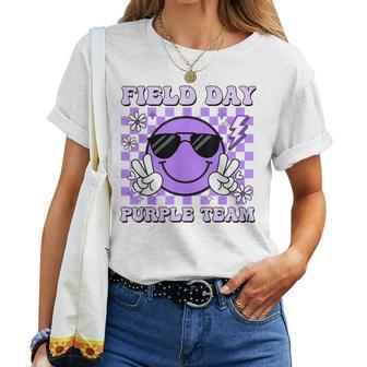 Field Day Purple Team Groovy Smile Face Checkered Students Women T-shirt | Mazezy