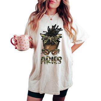Aries Girl Woman Loc'd Messy Bun Camo Black Women Women's Oversized Comfort T-shirt | Mazezy