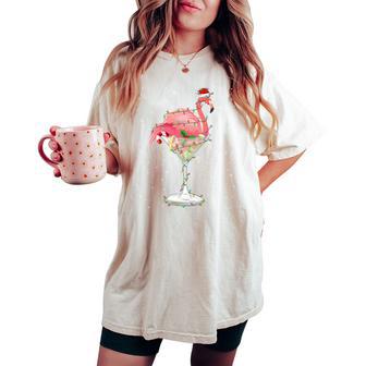 Pink Flamingo Drinking Cocktail Santa Hat Christmas Lights Women's Oversized Comfort T-shirt - Thegiftio UK