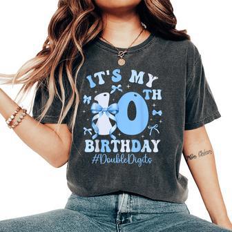 10 Year Old It's My 10Th Birthday Girl Blue Coquette Bow Women's Oversized Comfort T-Shirt - Thegiftio UK
