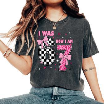 I Was 6 Now I Am 7 Coquette Checkered Leopard Birthday Girl Women's Oversized Comfort T-Shirt - Seseable