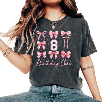 8Th Birthday Girl Coquette Bow Pink Floral Toile 8 Year Old Women's Oversized Comfort T-Shirt - Seseable