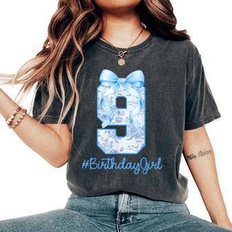 9 Year Old Birthday Girl Coquette Bow 9Th Birthday Women's Oversized Comfort T-Shirt - Thegiftio UK