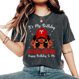 Aries Queen Afro Red Cap Black Girl Birthday Women's Oversized Comfort T-Shirt | Mazezy