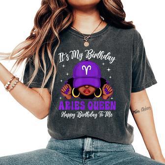 Aries Queen Black Woman Purple Cap Zodiac Sign Women's Oversized Comfort T-Shirt - Monsterry