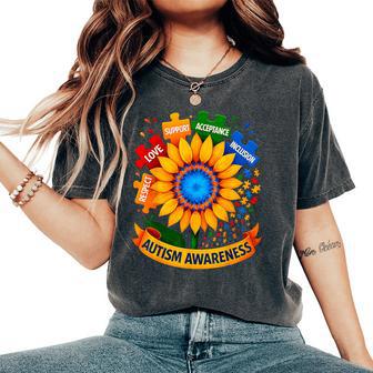 Autism Awareness Sunflower Respect Love Support Blue Autism Women's Oversized Comfort T-Shirt - Thegiftio
