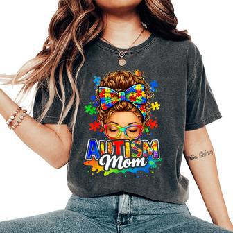 Autism Mom Puzzle Awareness Messy Bun Glasses Women's Oversized Comfort T-Shirt - Monsterry