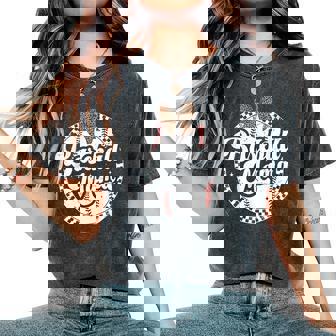 Baseball Mom Leopard Bow Checkered Mama Sports Game Day Women's Oversized Comfort T-Shirt | Seseable UK