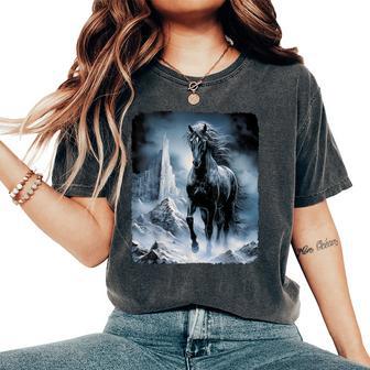 Beautiful Black Horse Running Through The Snow Women's Oversized Comfort T-Shirt - Thegiftio UK