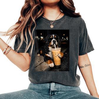 Bernese Mountain Drinking Iced Coffee Lover Humor Meme Women's Oversized Comfort T-Shirt - Thegiftio