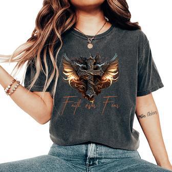 Biker Angel Wings Christian Cross Faith Over Fear On Back Women's Oversized Comfort T-Shirt - Thegiftio UK