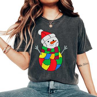 Building Bricks Christmas Patchwork Snowman Merry Brickmas Women's Oversized Comfort T-Shirt - Thegiftio UK