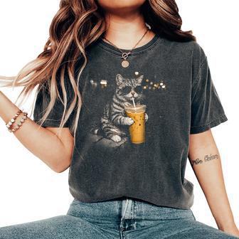 Cat Drinking Iced Coffee Animal Meme For Women Women's Oversized Comfort T-Shirt | Seseable CA
