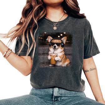Corgi Drinking Iced Coffee Lover Humor Meme Women's Oversized Comfort T-Shirt | Seseable CA