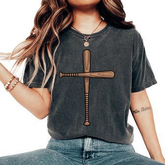 Cross Baseball Bats Christian Faith Sports Coach Pitcher Women's Oversized Comfort T-Shirt - Monsterry