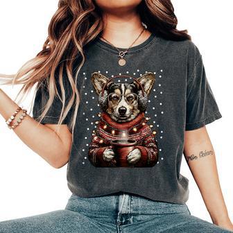 Cute Corgi In Glasses Christmas Lights Coffee Winter Dog Women's Oversized Comfort T-Shirt - Thegiftio UK