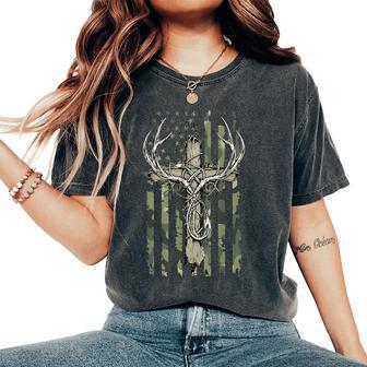 Deer Antlers Fishing Hook Christian Cross Camo Flag Boys Women's Oversized Comfort T-Shirt | Mazezy