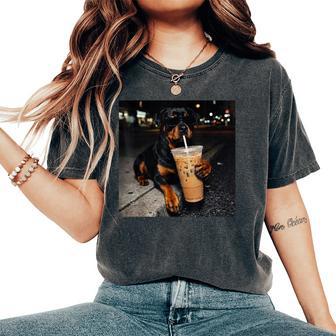 Dog Rottweiler Drinking Iced Coffee Animal Meme Women's Oversized Comfort T-Shirt - Thegiftio UK