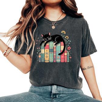 Floral Black Cat Sleeping On Books Women's Oversized Comfort T-Shirt | Mazezy