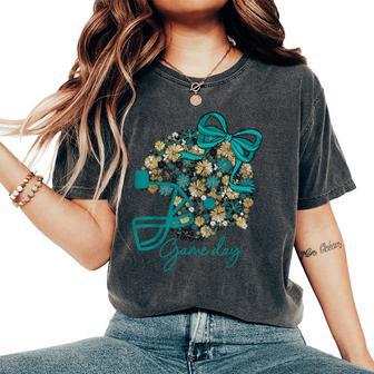 Floral Football Game Day Girly Team Spirit Black Teal & Gold Women's Oversized Comfort T-Shirt - Thegiftio UK