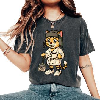 Cat Holding A Full Cup Of Coffee And Litter Box Scoop Women's Oversized Comfort T-Shirt - Monsterry