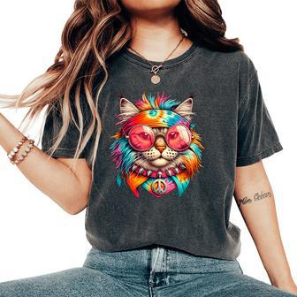 Gato Psicodélico De La Paz Colorido Hippie Retroibras Groovy Camiseta extragrande cómoda para mujer - Regaloses