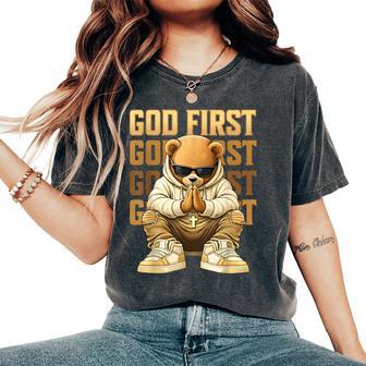God First Hip Hop Teddy Bear Christian Streetwear Boys Ns Women's Oversized Comfort T-Shirt | Seseable UK